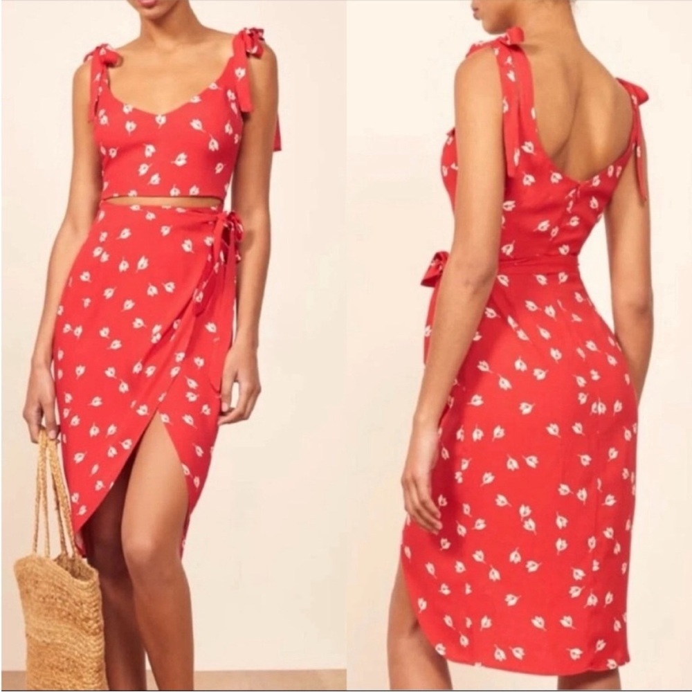 REFORMATION Jeanne Red Floral Print BELINDA Shoulder Tie Cutout Wrap Dress Sz 0